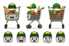 Ficha do mascote (frente, lado, costas e expressões): Carrinho (Mercado e mercearia)