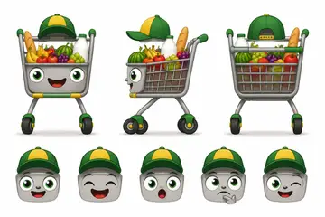 Ficha do mascote (frente, lado, costas e expressões): Carrinho (Mercado e mercearia)