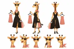 Ficha do mascote (frente, lado, costas e expressões): Gigi (Moda feminina)