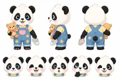 Ficha do mascote (frente, lado, costas e expressões): Pandinha (Moda infantil)