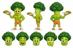 Ficha do mascote (frente, lado, costas e expressões): Brócolis (Nutrição)