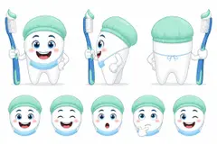 Ficha do mascote (frente, lado, costas e expressões): Dentinho (Odontologia)