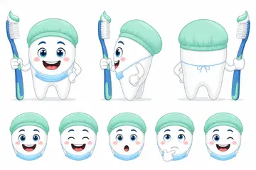 Ficha do mascote (frente, lado, costas e expressões): Dentinho (Odontologia)