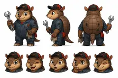 Ficha do mascote (frente, lado, costas e expressões): Tatu (Oficina mecânica)