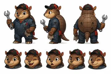 Ficha do mascote (frente, lado, costas e expressões): Tatu (Oficina mecânica)