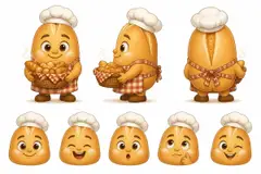 Ficha do mascote (frente, lado, costas e expressões): Tico (Padaria)