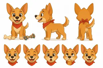 Ficha do mascote (frente, lado, costas e expressões): Caramelo (Pet shop)
