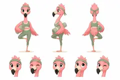Ficha do mascote (frente, lado, costas e expressões): Flora (Pilates e yoga)