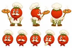 Ficha do mascote (frente, lado, costas e expressões): Nonno (Pizzaria)