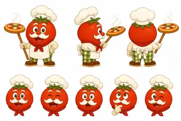 Ficha do mascote (frente, lado, costas e expressões): Nonno (Pizzaria)