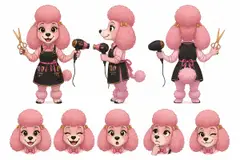 Ficha do mascote (frente, lado, costas e expressões): Topete (Salão de beleza)