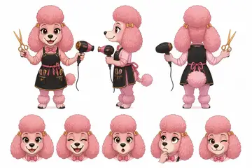 Ficha do mascote (frente, lado, costas e expressões): Topete (Salão de beleza)