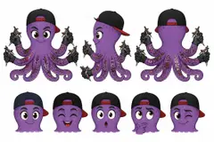 Ficha do mascote (frente, lado, costas e expressões): Tinta (Estúdio de tatuagem)