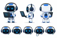 Ficha do mascote (frente, lado, costas e expressões): Bitinho (Tecnologia e software)