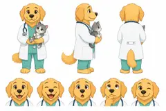 Ficha do mascote (frente, lado, costas e expressões): Doutor Dourado (Clínica veterinária)