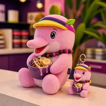Mascote virando pelúcia e chaveiro de brinde: Boto (Açaíteria)