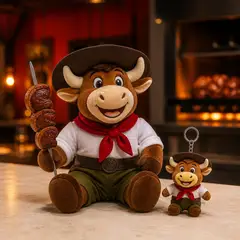Mascote virando pelúcia e chaveiro de brinde: Seu Boi (Churrascaria)