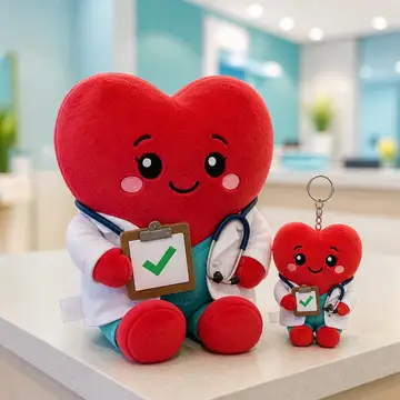 Mascote virando pelúcia e chaveiro de brinde: Doutor Coração (Clínica médica)