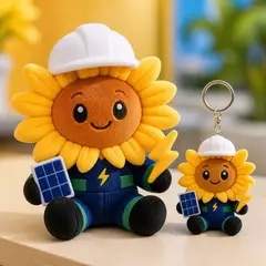 Mascote virando pelúcia e chaveiro de brinde: Girassol (Energia solar)