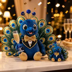 Mascote virando pelúcia e chaveiro de brinde: Pavão (Buffet e eventos)