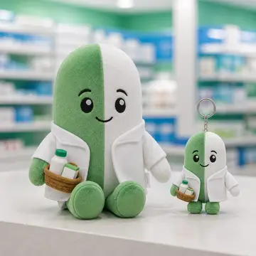 Mascote virando pelúcia e chaveiro de brinde: Capsulino (Farmácia)