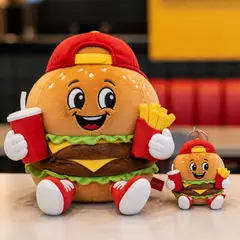 Mascote virando pelúcia e chaveiro de brinde: Burgão (Hamburgueria)
