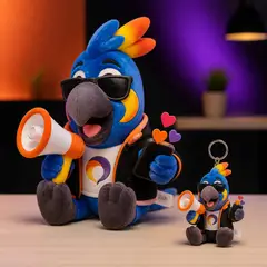 Mascote virando pelúcia e chaveiro de brinde: Arara (Agência de marketing)