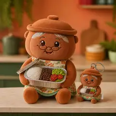 Mascote virando pelúcia e chaveiro de brinde: Dona Panela (Marmitaria e comida caseira)