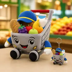 Mascote virando pelúcia e chaveiro de brinde: Carrinho (Mercado e mercearia)