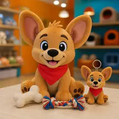 Mascote virando pelúcia e chaveiro de brinde: Caramelo (Pet shop)