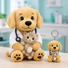 Mascote virando pelúcia e chaveiro de brinde: Doutor Dourado (Clínica veterinária)