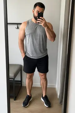 Regata e camiseta dry fit: selfie no espelho (cara de cliente)