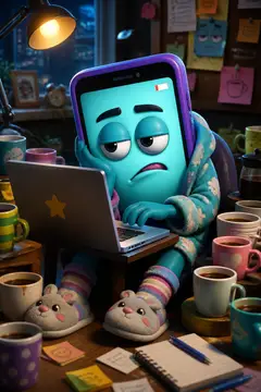 Cena engraçada: celular trabalhando no notebook cercado de xícaras de café