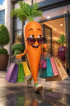 Cena engraçada: cenoura saindo do shopping carregado de sacolas