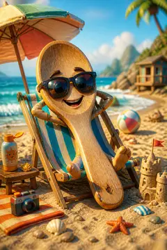 Cena engraçada: colher de pau na praia