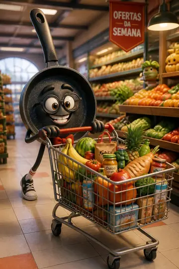 Cena engraçada: frigideira no supermercado