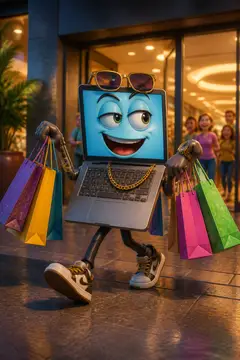 Cena engraçada: notebook saindo do shopping carregado de sacolas