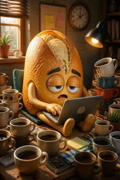 Cena engraçada: pão francês trabalhando no notebook cercado de xícaras de café