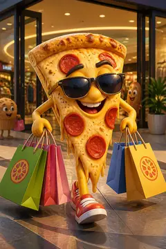 Cena engraçada: fatia de pizza saindo do shopping carregado de sacolas