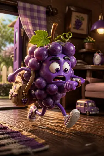 Cena engraçada: cacho de uvas correndo atrasado com a mochila