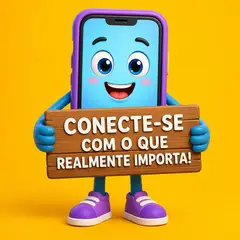 Mascote de loja: celular segurando placa