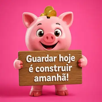 Mascote de loja: cofrinho de porquinho segurando placa