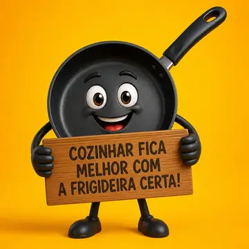 Mascote de loja: frigideira segurando placa