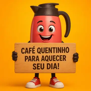 Mascote de loja: garrafa térmica de café segurando placa