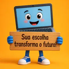 Mascote de loja: notebook segurando placa