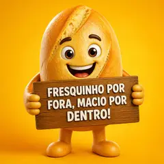 Mascote de loja: pão francês segurando placa