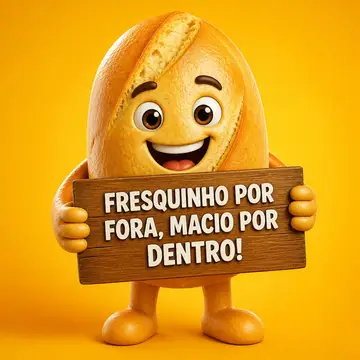 Mascote de loja: pão francês segurando placa