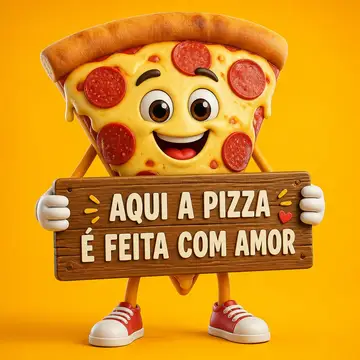 Mascote de loja: fatia de pizza segurando placa
