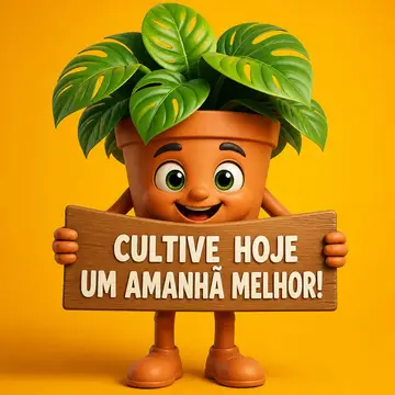 Mascote de loja: vaso de planta segurando placa