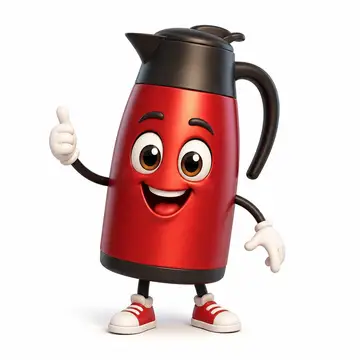 Personagem 3D: garrafa térmica de café com rosto e bracinhos